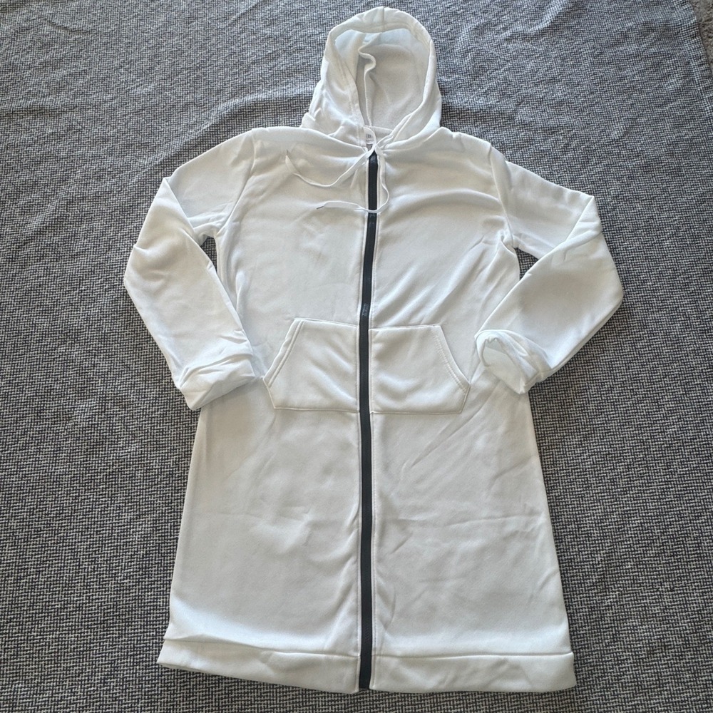 Womens XL White Longline Full Zip Hoodie Black Contrast Zipper Sweatshirt